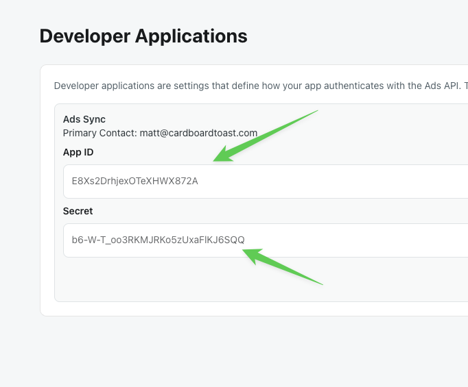 Developer Applications page showing App ID and Secret
